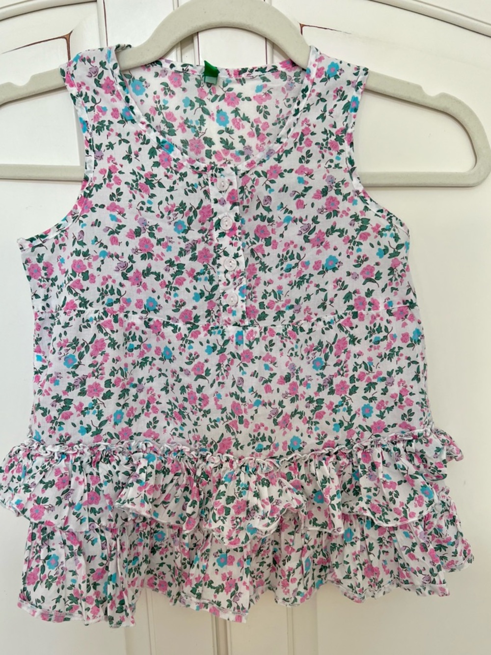Girls Benetton Floral Ruffle Button Up SleevelessShirt - White, Pink & Blue